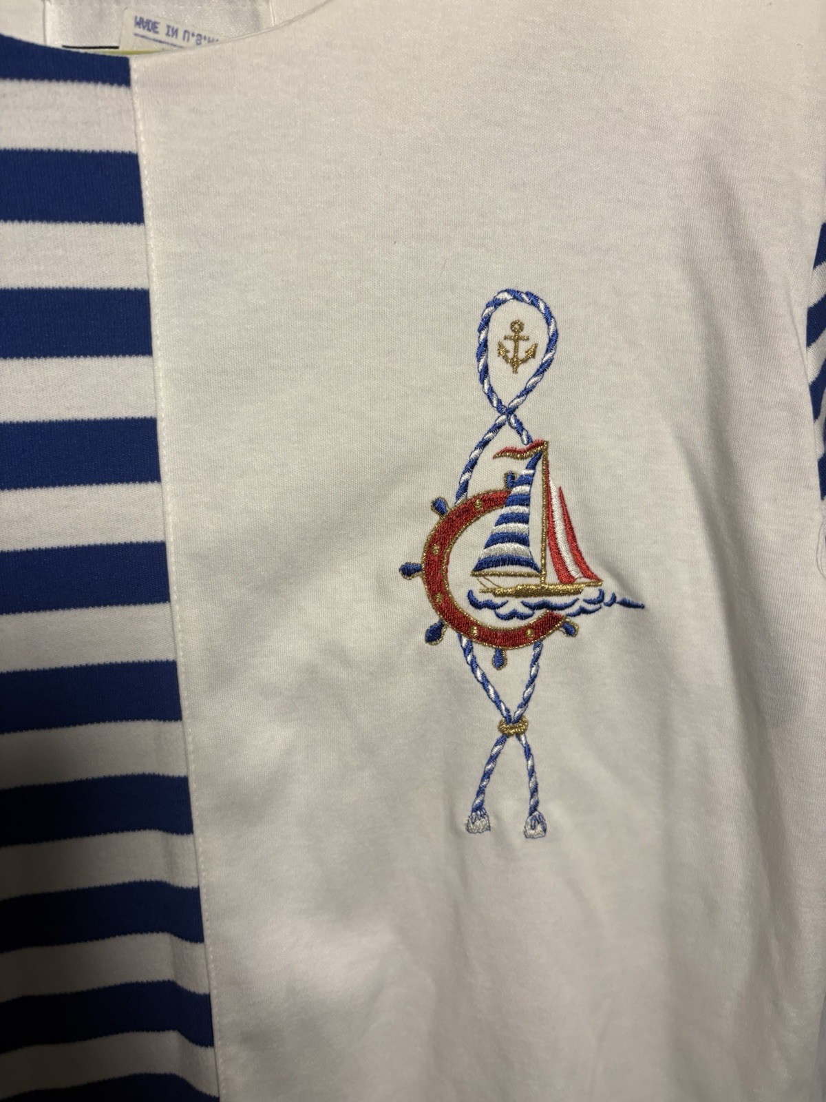 Vintage 90’s Nautical Stripe Anchor Sailboat Blouse Preppy Grandma Country Club