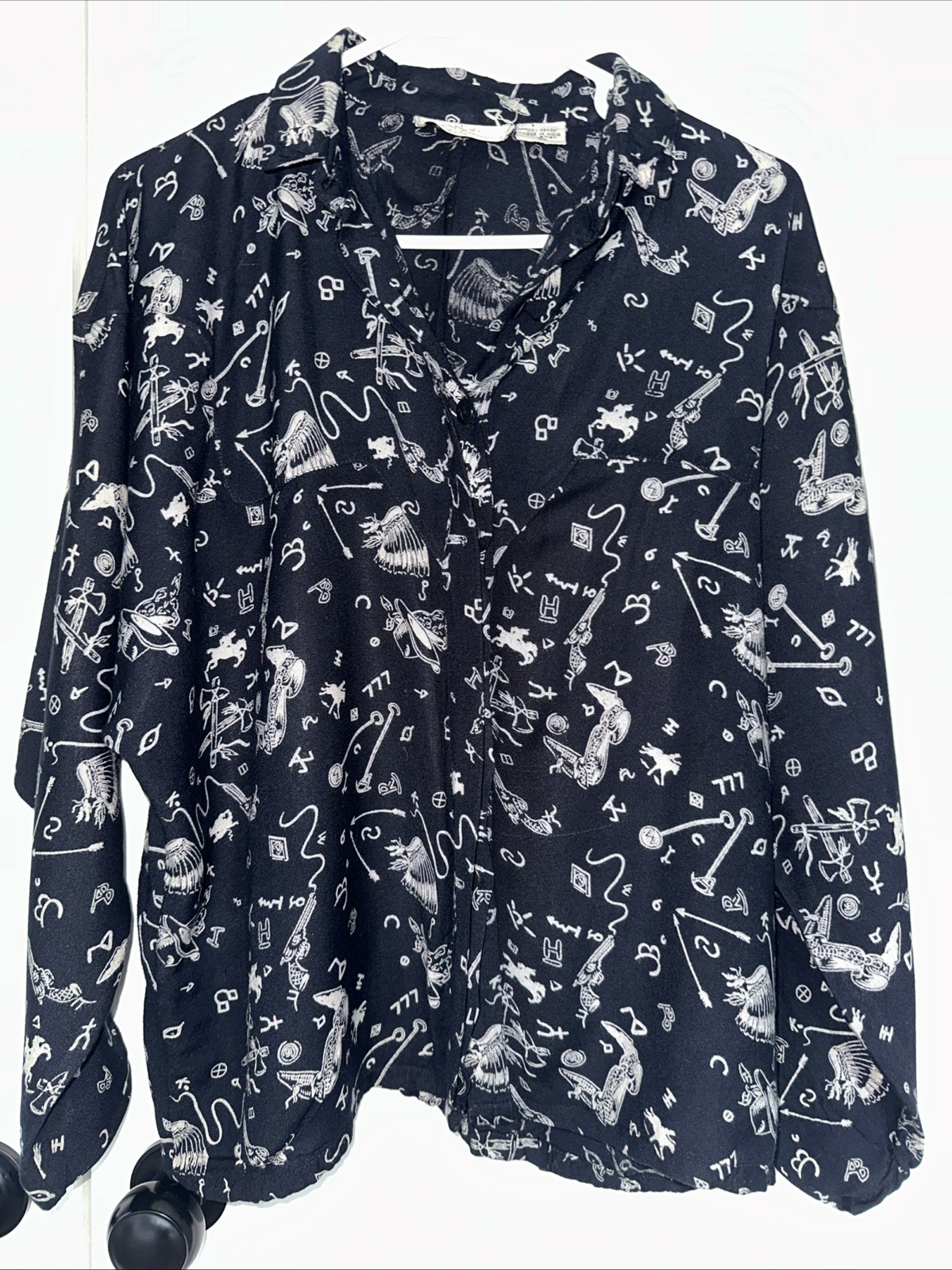 Vintage 90s New Options Lucky 777 Arrow Abstract Rayon Womens Button Up Blouse L