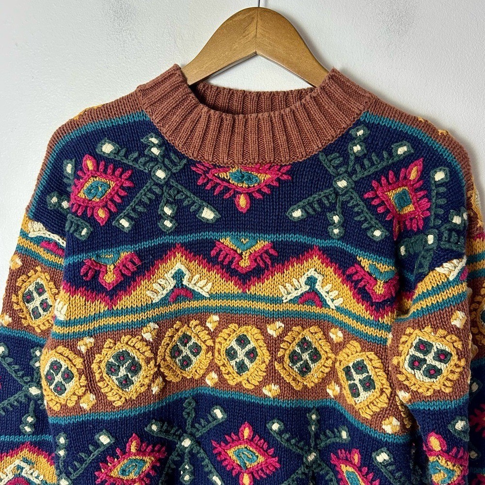 Vintage Paul Harris Brown Navy Boho Folk Tapestry Knit Sweater Small Indie 90s