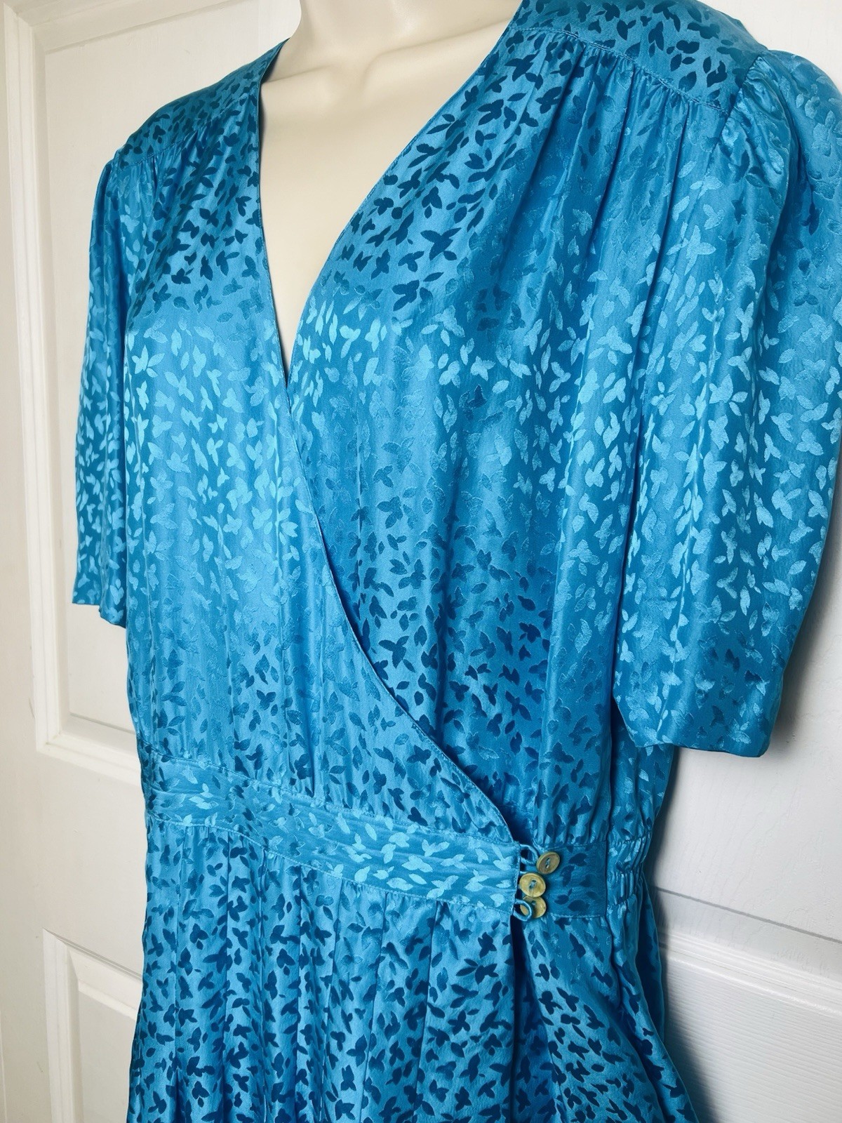 Vintage 100% SILK Jonathan Martin Wrap Dress 80s Peplum Sz 12 PRETTY Blue