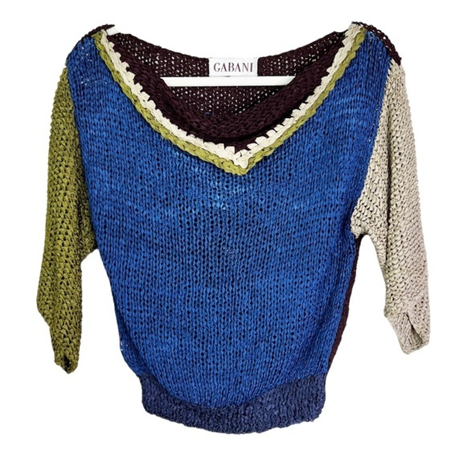 Vintage Gabani Shawl Neck Half Sleeve Colorblock Open Weave Top Women’s Sz S