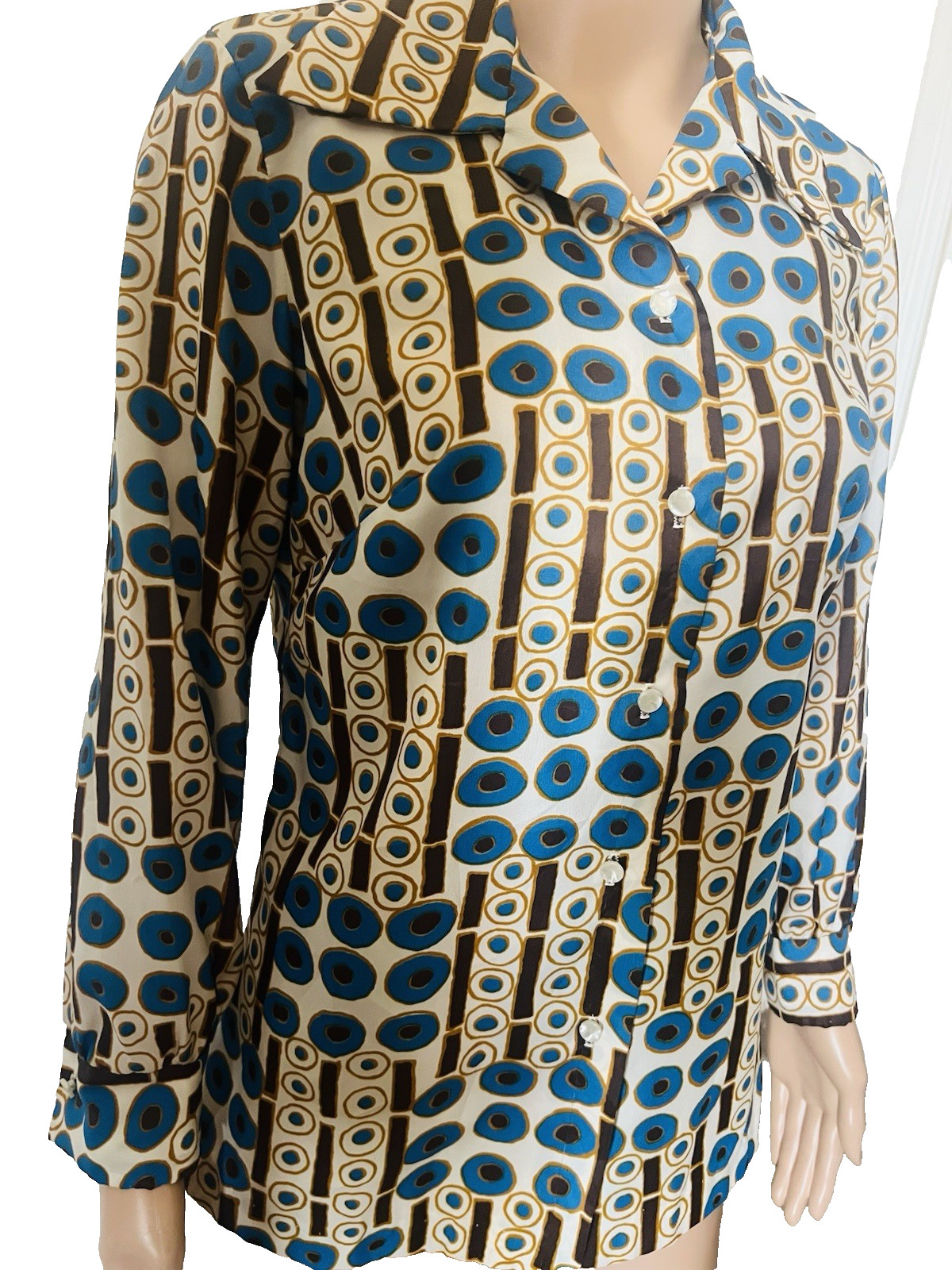 VTG 70s Disco Bold Geometric Circles Big Collar Blouse Graff Californiawear Top