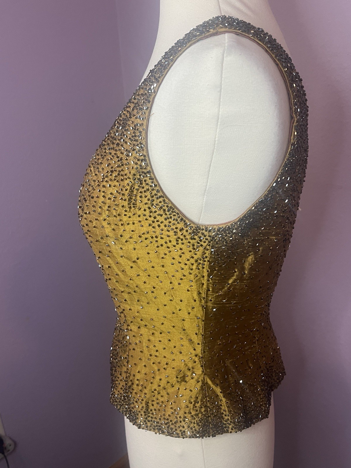 Vintage 80’s Mike Benet Formal One Shoulder Gold Beaded Evening Bodice Top 8