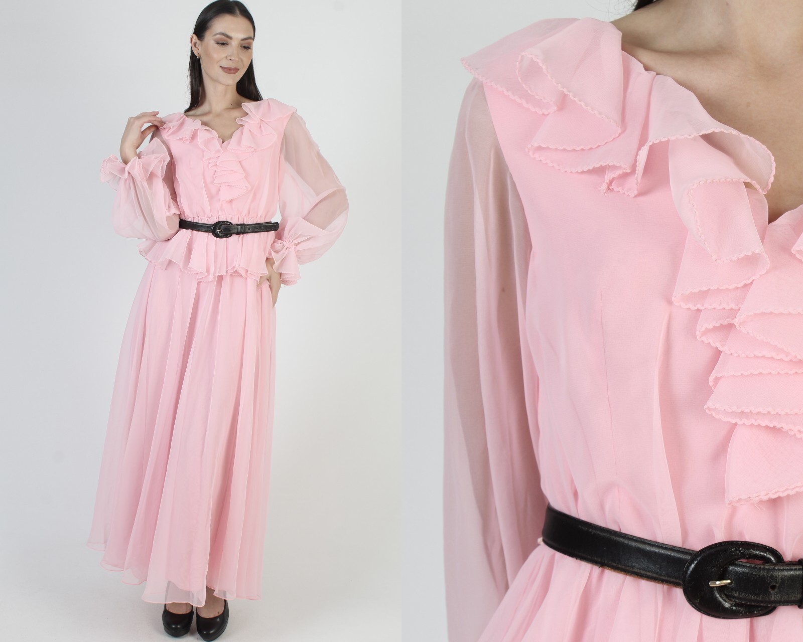 Vintage Cotton Candy Pink Chiffon Dress Sheer Slv Ruffle Party Peplum Maxi Gown