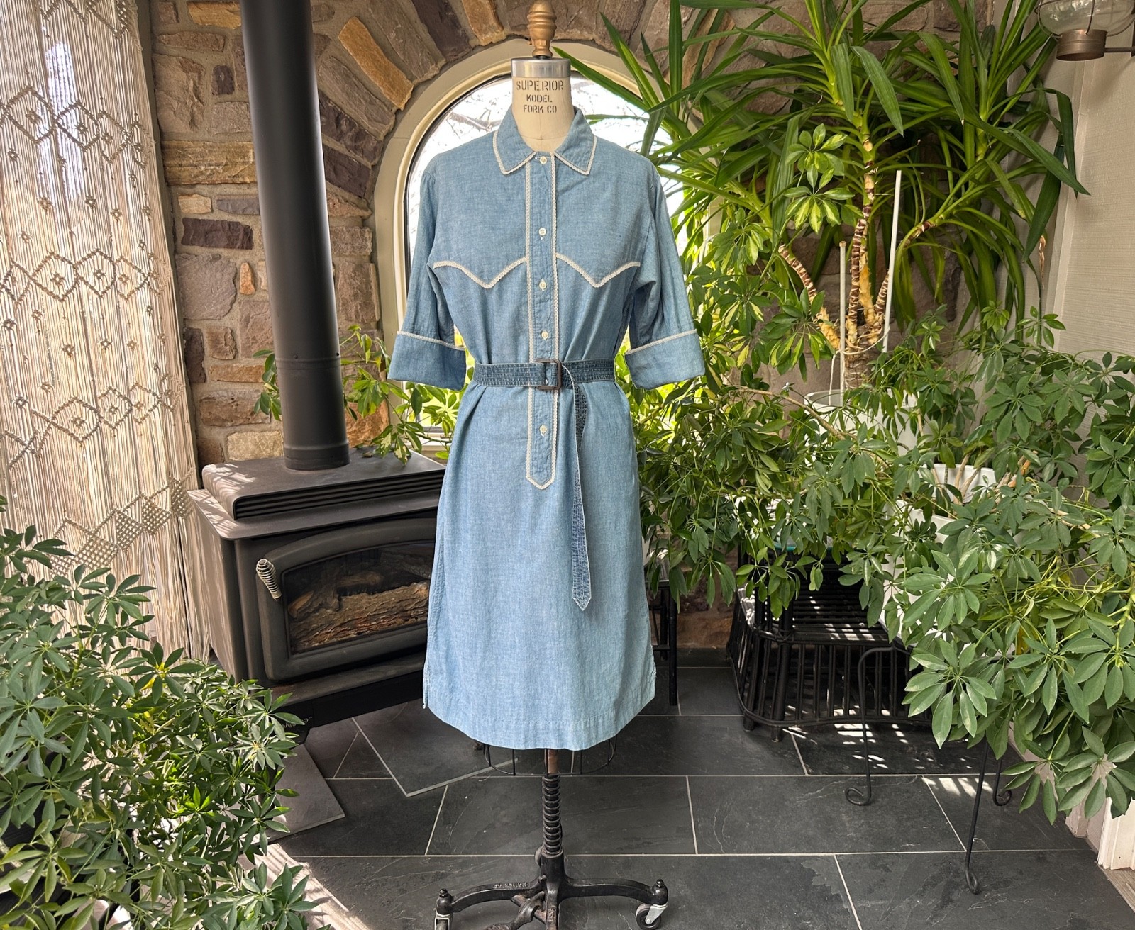 Vintage 1960s Blue Chambray White Lace Trim Shirtdress Langtry Ltd