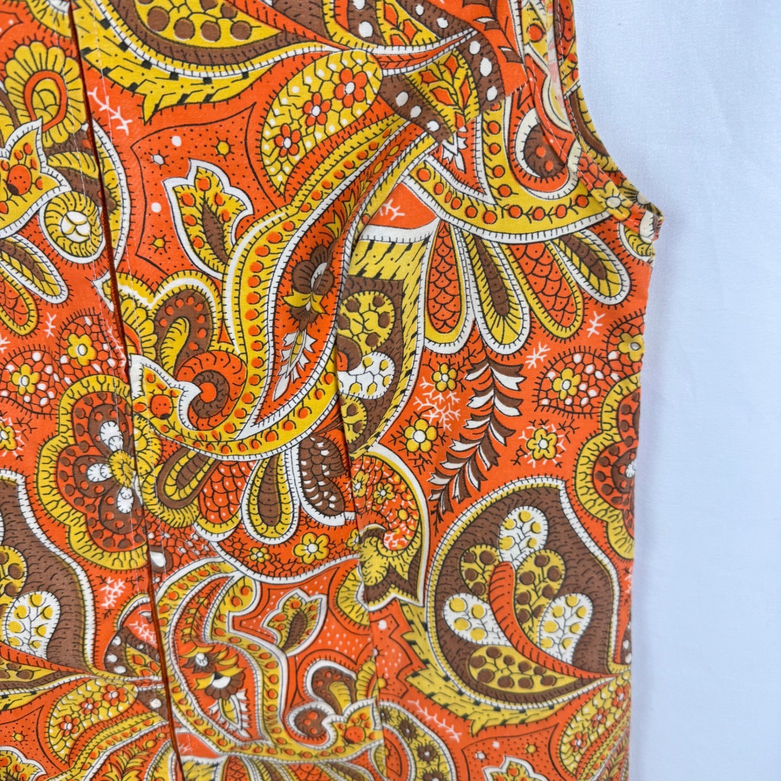 Vintage Komar Orange Paisley Zip Front Sheath Dress 70s Retro Boho Made in USA