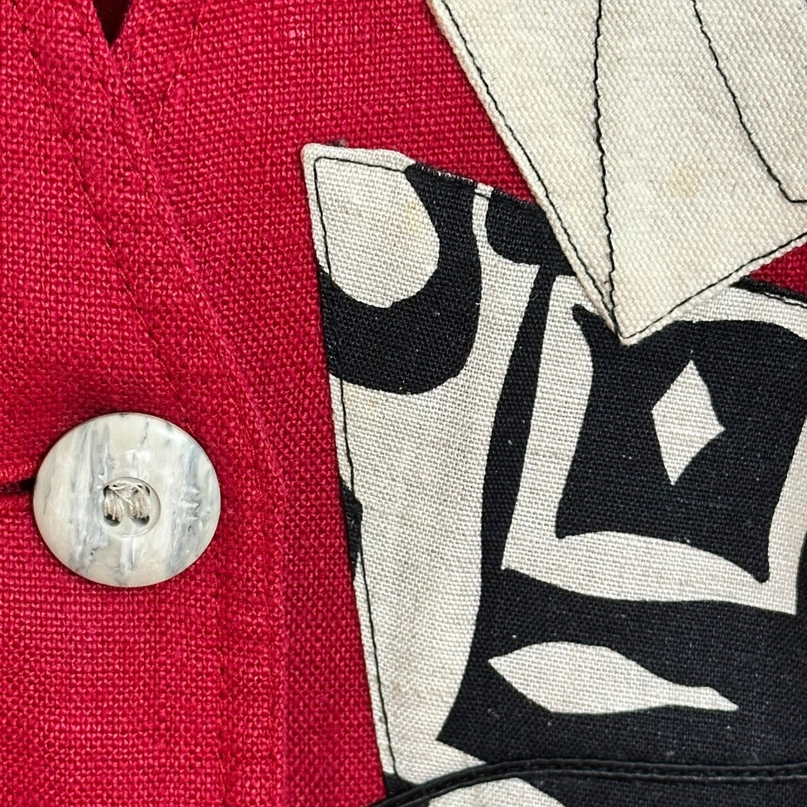 Vintage Red Linen Abstract Patchwork Blazer Womens Small Statement Jacket