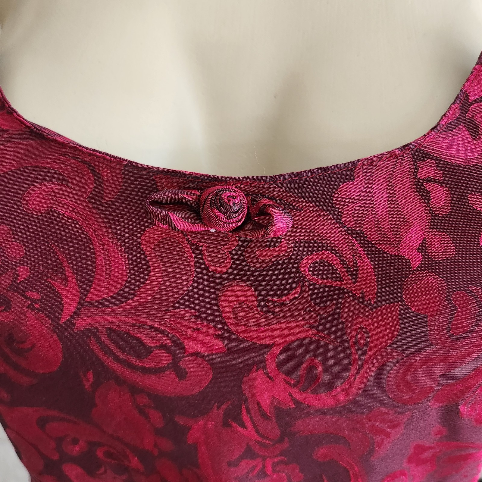 Vintage 80s Red Jacquard Ruffle Slip Dress Size Large Maxi Asymmetric Ruffle