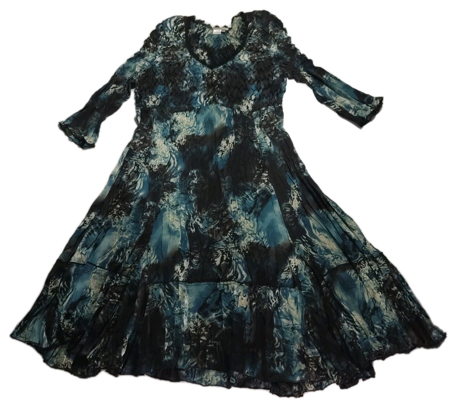 Vtg Y2K Alberto Makali Witchy Whimsy Goth Crinkle Dress Teal Blue Black Size XL