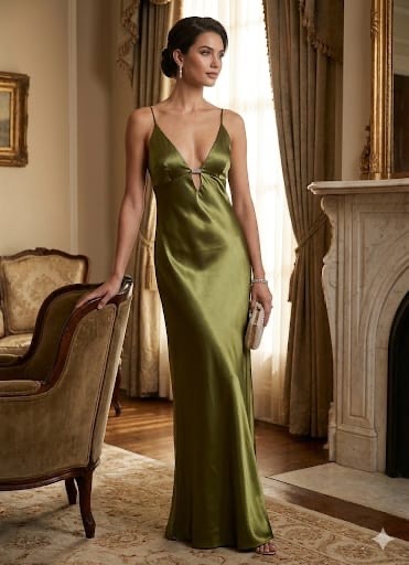 VTG 90s Niky By Niki Livas Olive Green Satin Maxi Dress Gown Rhinestone 2 USA