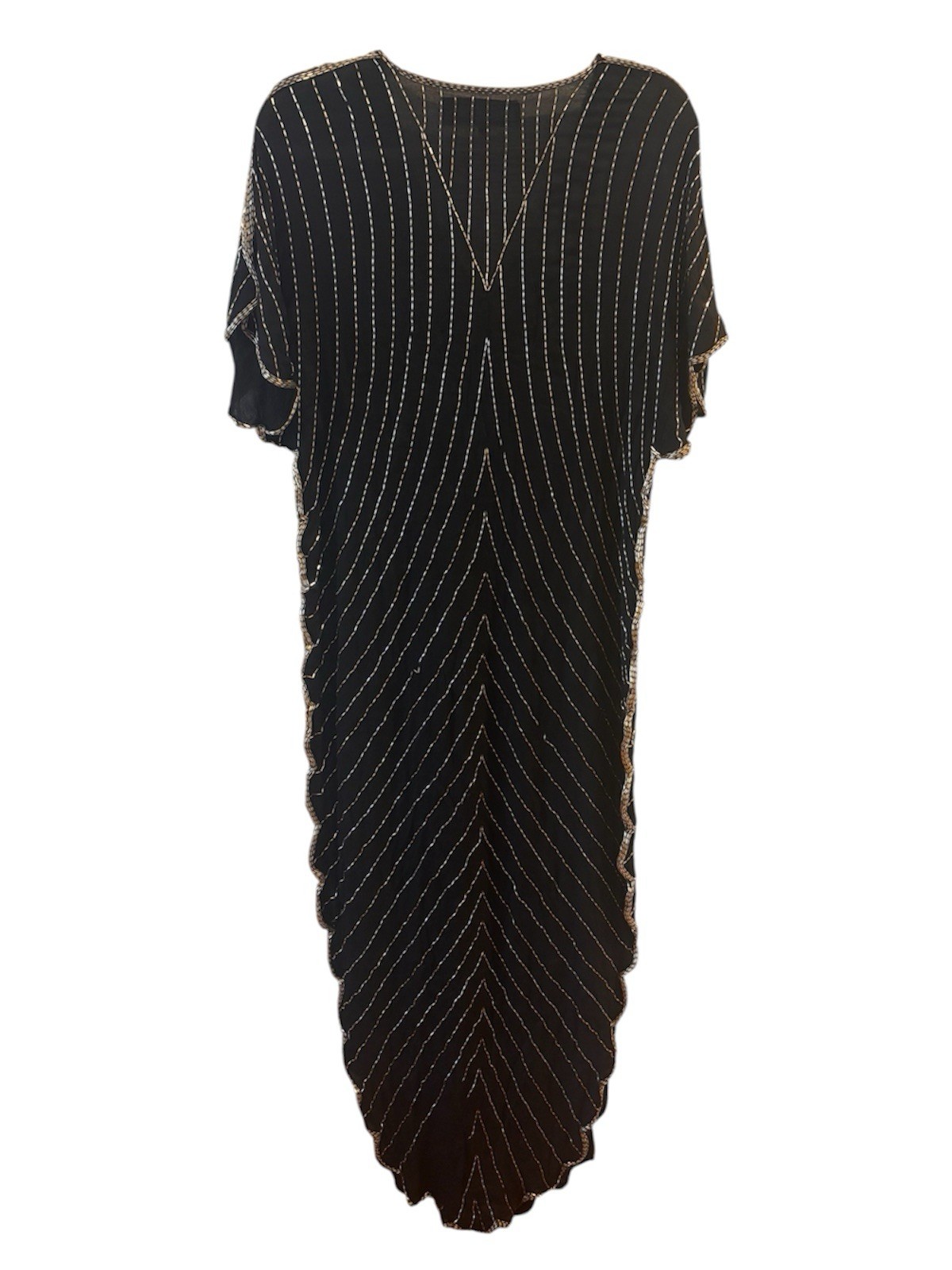 1980s Judith Ann Creations Silk Sparkle Dress Beaded Caftan Scalloped Hem VTG