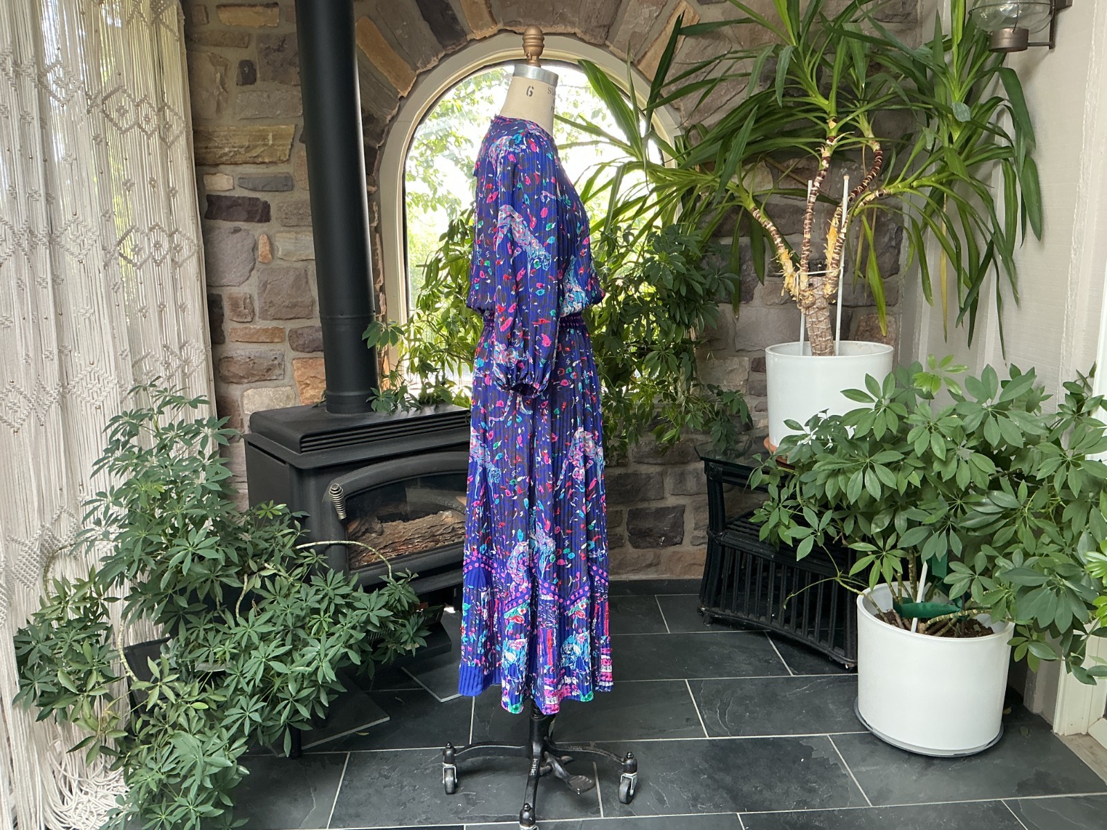 Vintage Blue and Pink Sequin Panther and Floral Print Midi Dress Diane Freis