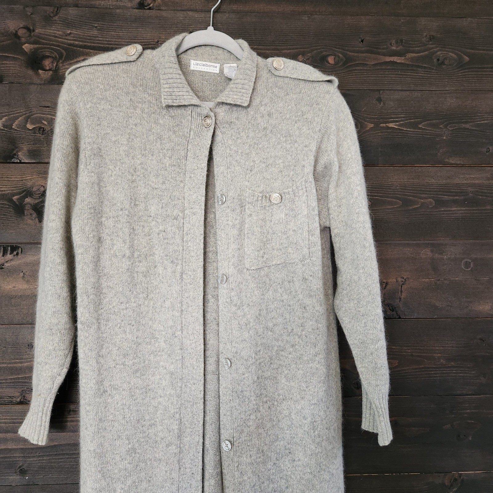 Vtg Liz Claiborne Lambswool Angora Long Cardigan Maxi Sweater Coat Gray Small