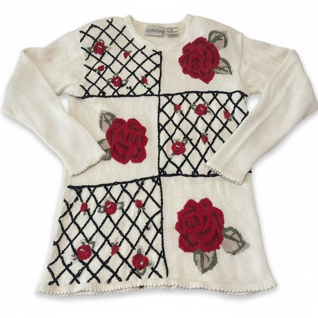 VTG Donnkenny Classics Rose Floral Lattice Knit Sweater Cream Red Small