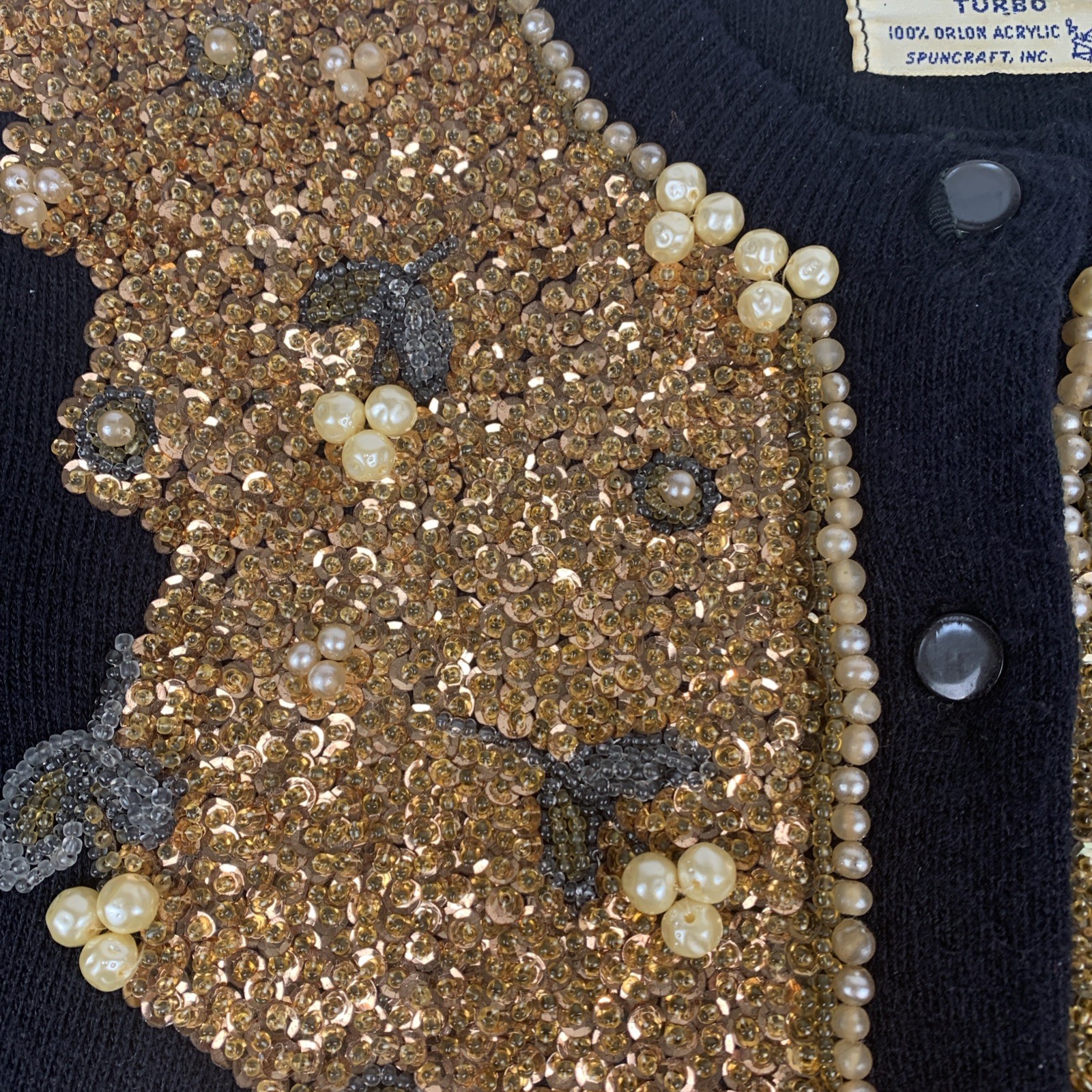 1960’s Orlon Turbo By Spuncraft Inc Black Sweater Gold Sequins, Small Sparkly