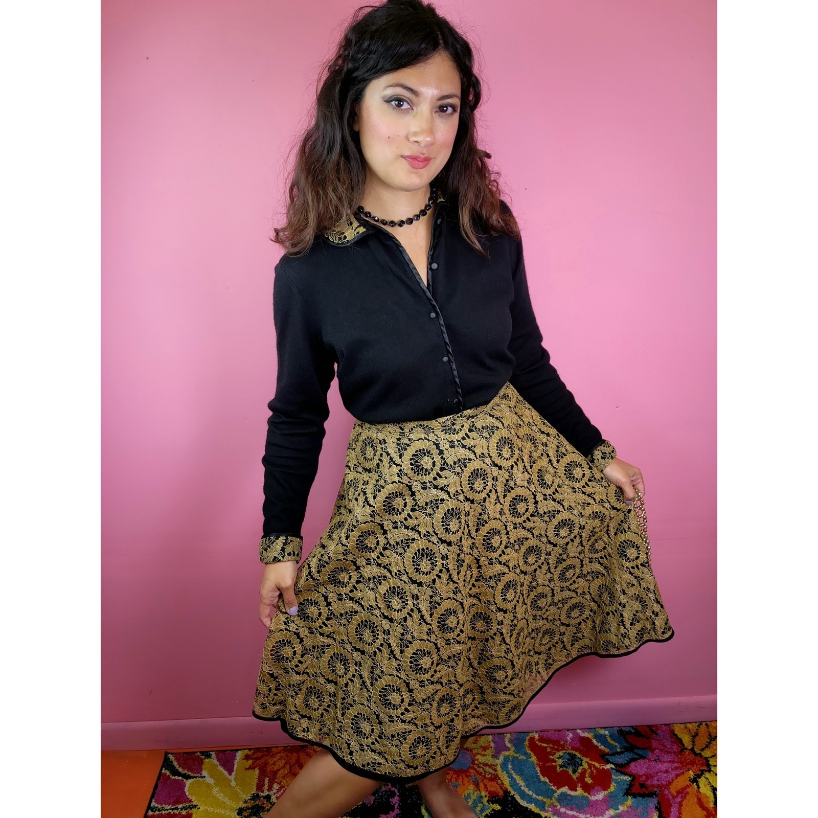 Vintage 1950’s Black and Gold Lace Cardigan and Skirt Set by Jantzen / Koret