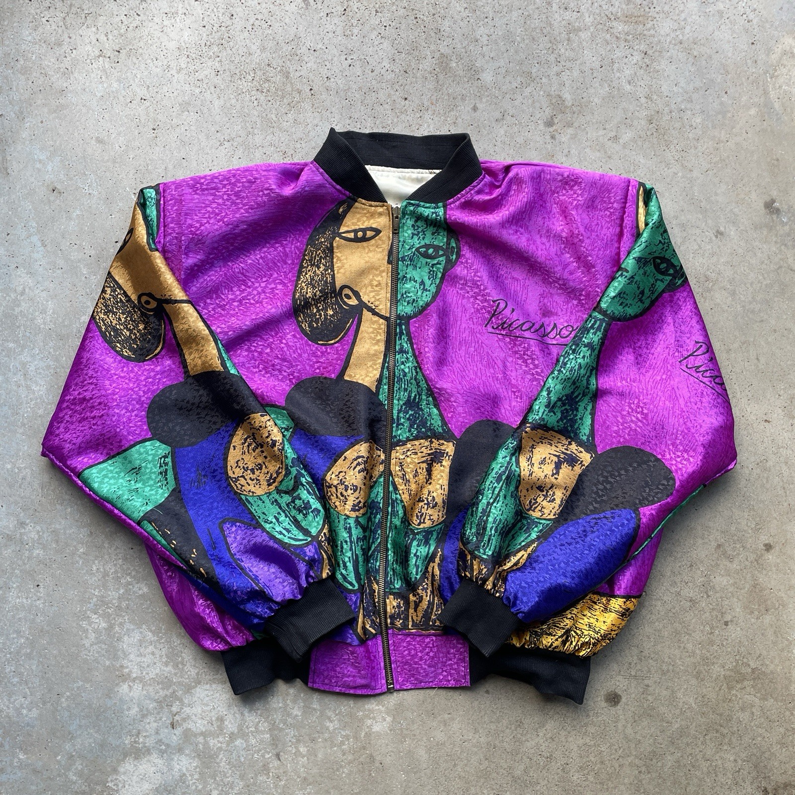 Rare Vintage 80’s Reversible Silk Picasso Art Bomber Jacket Woman’s XL Padded