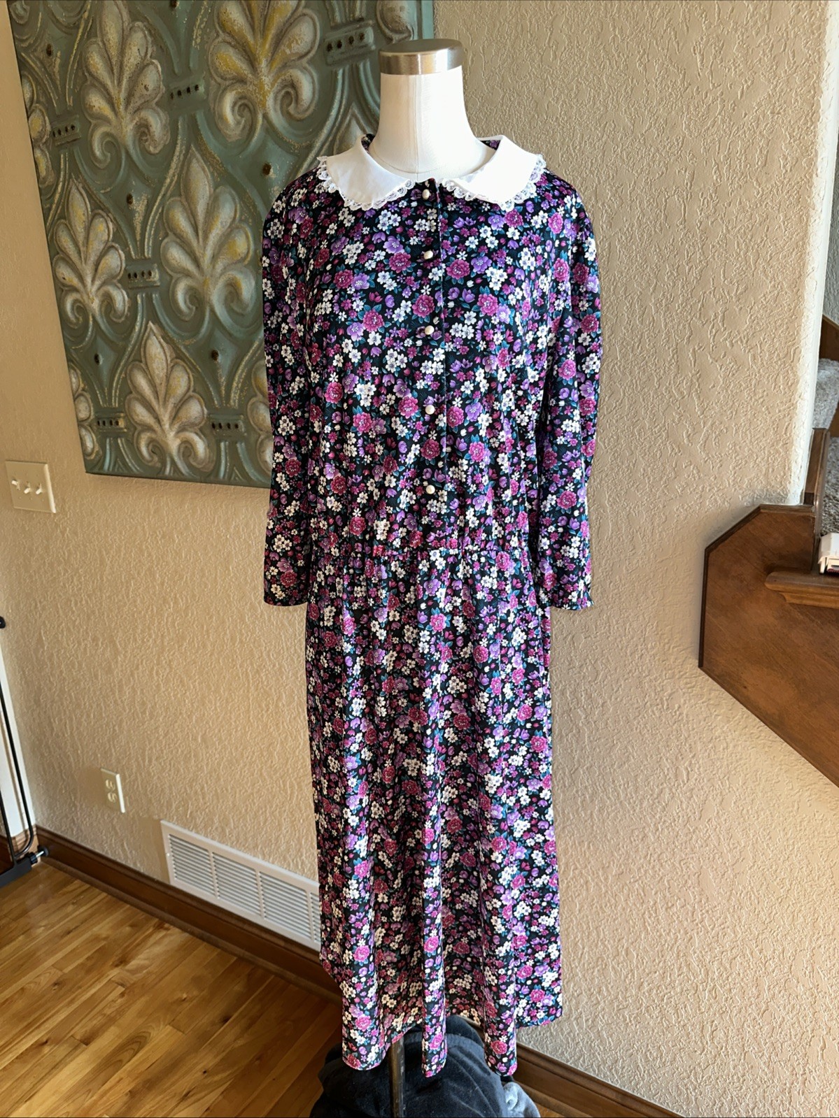 Vintage Sue Sherry Floral Prairie Maxi Dress Peter Pan Collar Pearl Buttons USA