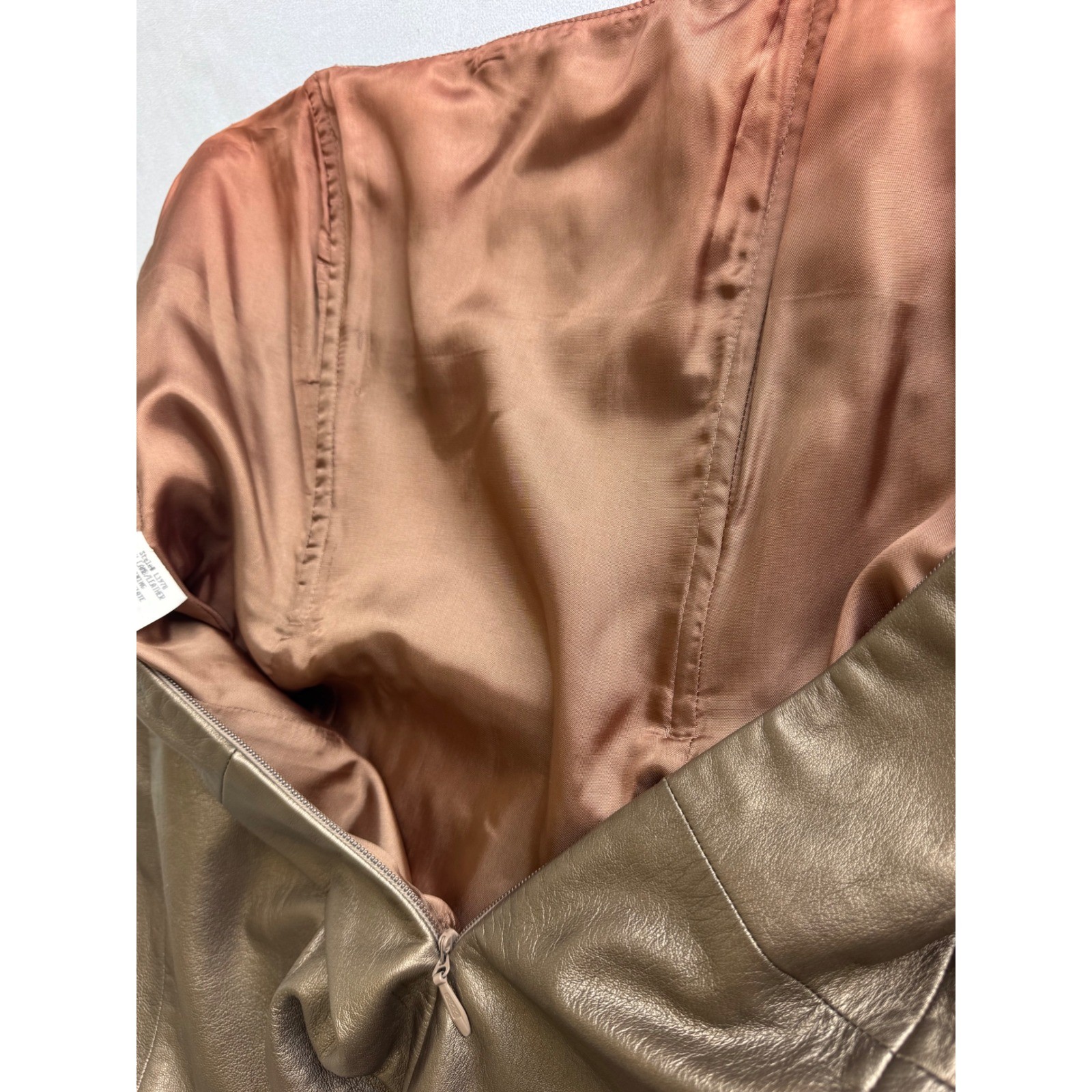 Vintage 100% Lamb Leather Strapless Mini Dress Size 12 Metallic Bronze edgy moto