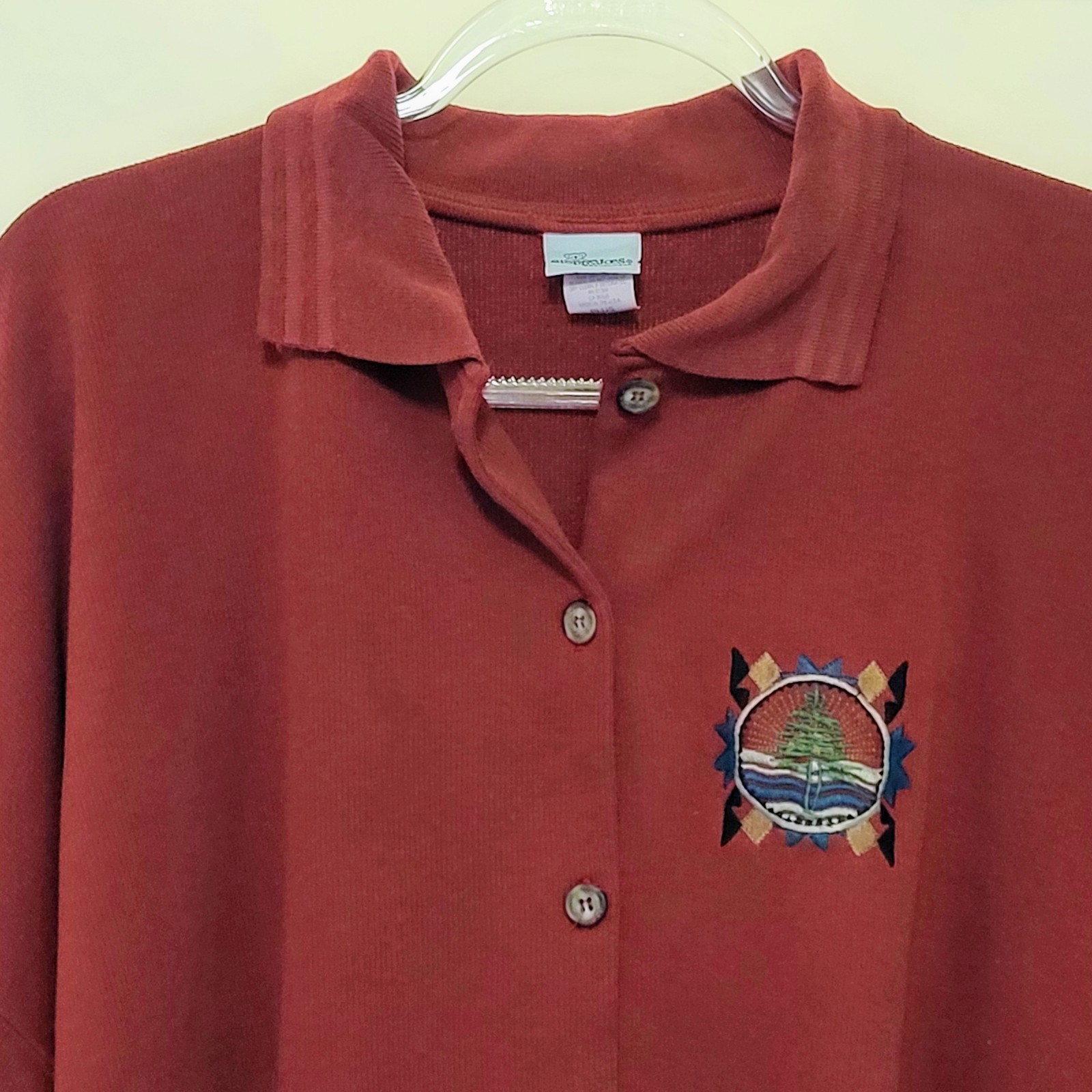 VTG Sloppy Joes Wmn’s 3X Rust Red Loose Fit Button Up Knit Top Aztec Embroidered