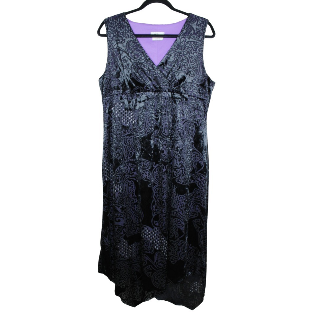 Y2K VTG sz 16 black purple velvet burnout whimsigoth dress asymmetrical hem