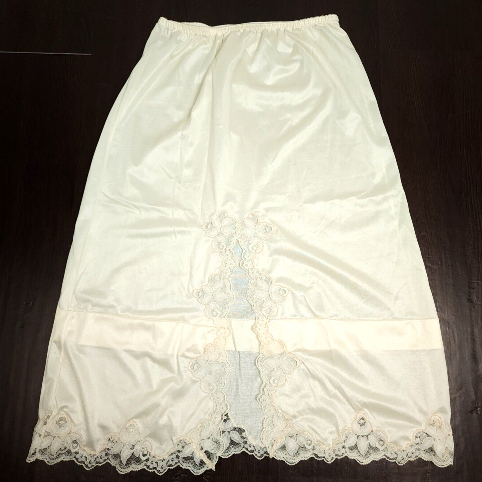 Vintage 70s Antron Nylon Half Slip Creamy Ivory Designer Lace Back Slit Size M