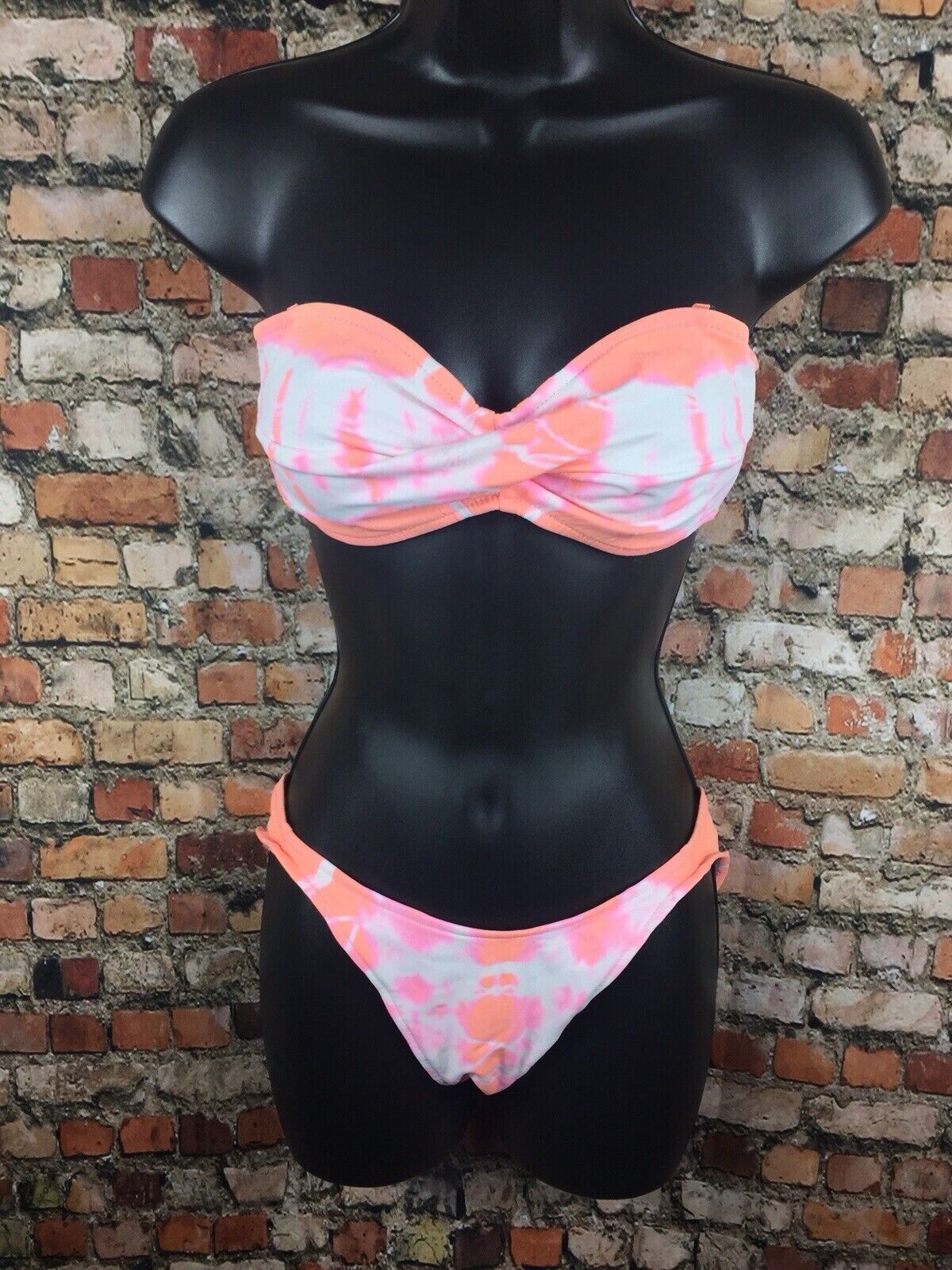 Vintage 80s 90s Neon Tie Dye Bandeau Bikini Top Bottom SET Pink Orange USA Retro