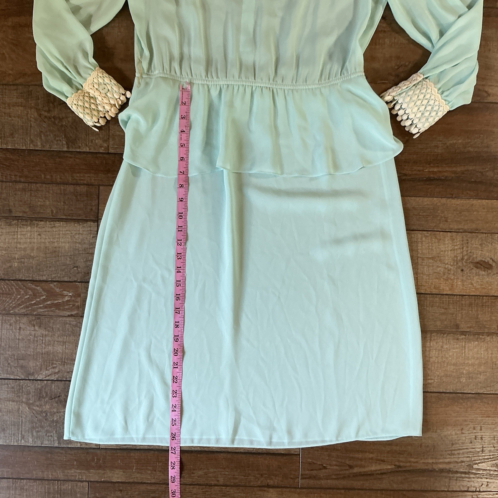 VTG Leslie Fay Petites Sz 14P Dress Mint Green Crochet Fringe Collar Peplum #41F