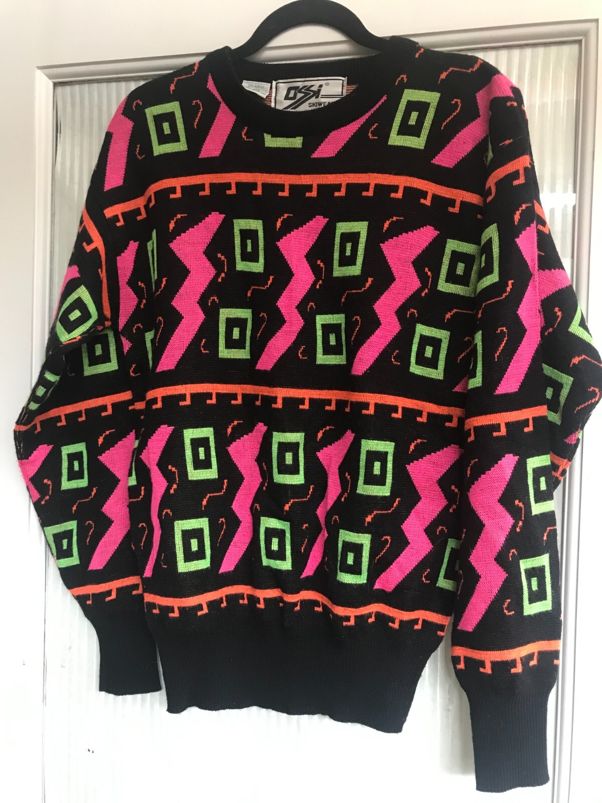 Vintage Ossi Skiwear Ski Sweater Neon Orange/Pink/Green 80’s Acrylic Wool Small
