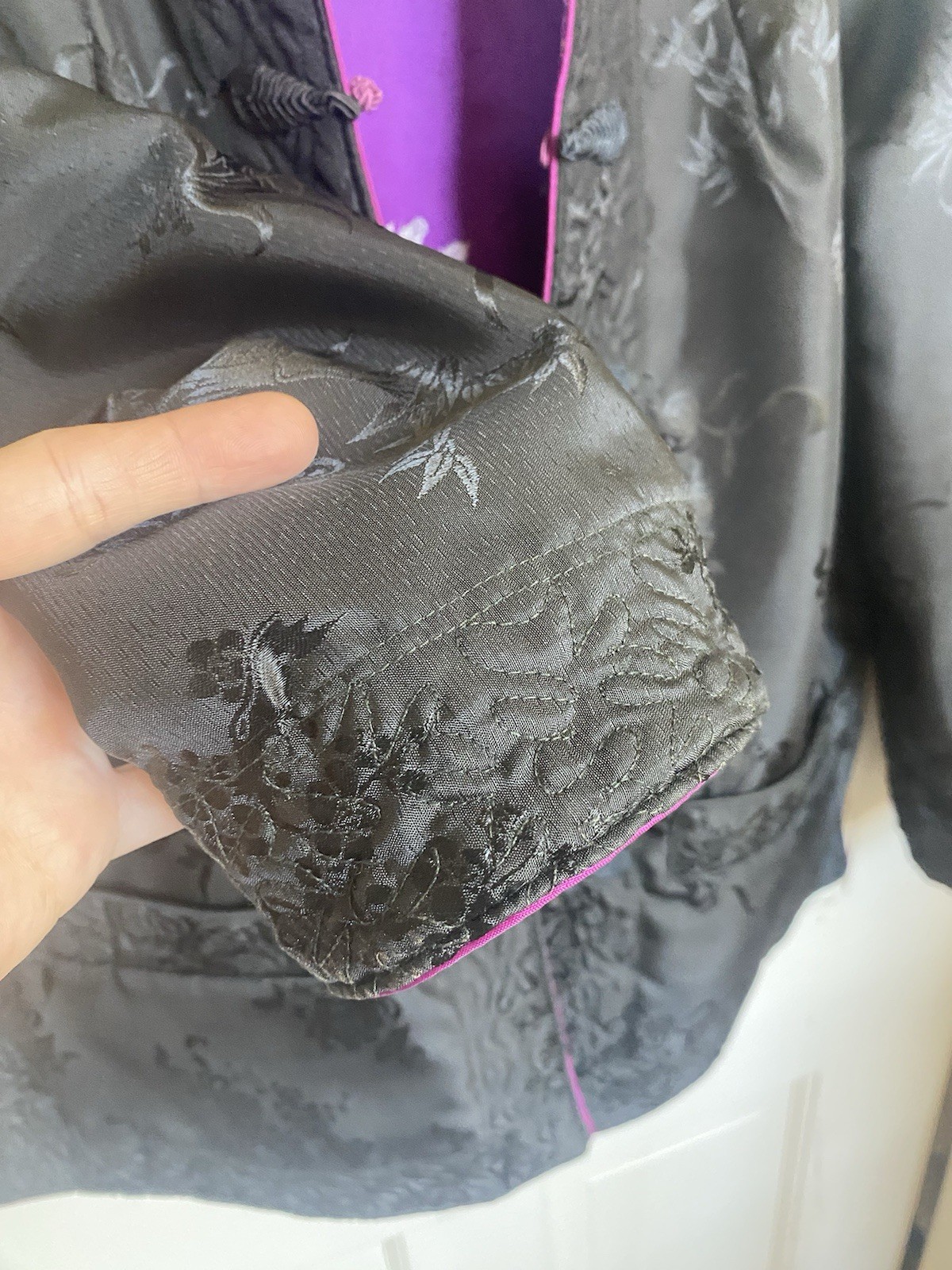 Vintage Chinese Purple Satin Brocade Jacket, Reversible/Floral Embroidery S/M