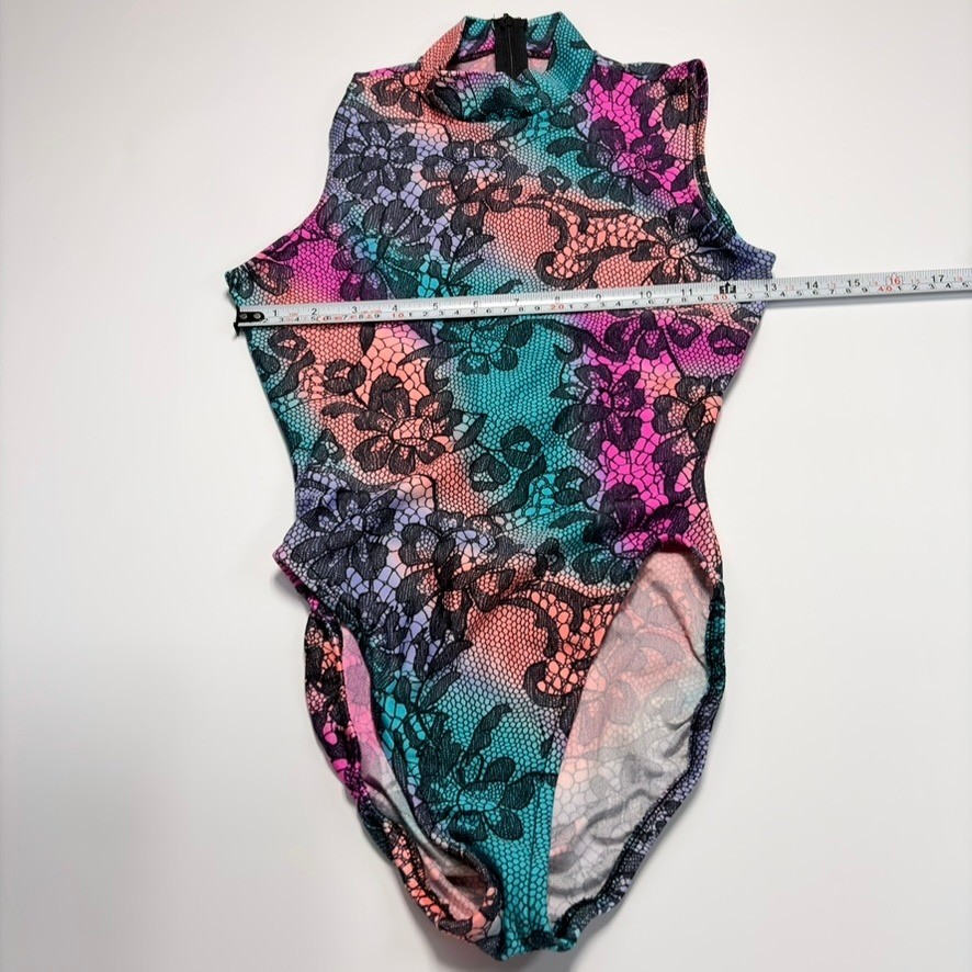 Gilda Marx Flexatard Vintage 80s Floral Lace Print Mock Neck Leotard Sz S USA