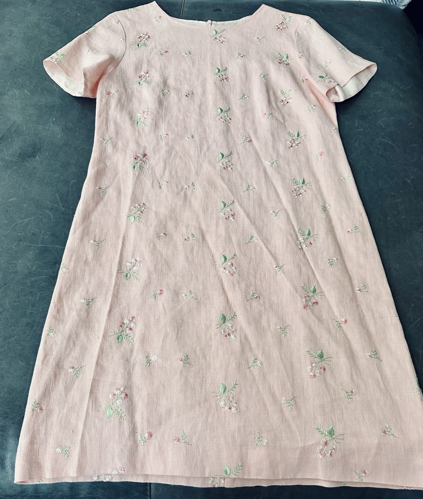 EUC Vintage Laura Ashley Embroidered Floral Lined 100% Linen Dress Knee Pink 8