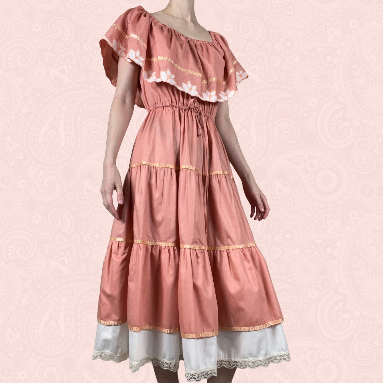 Vintage 70s Young Edwardian Arpeja Pink Off Shoulder Lace Midi Peasant Dress XS