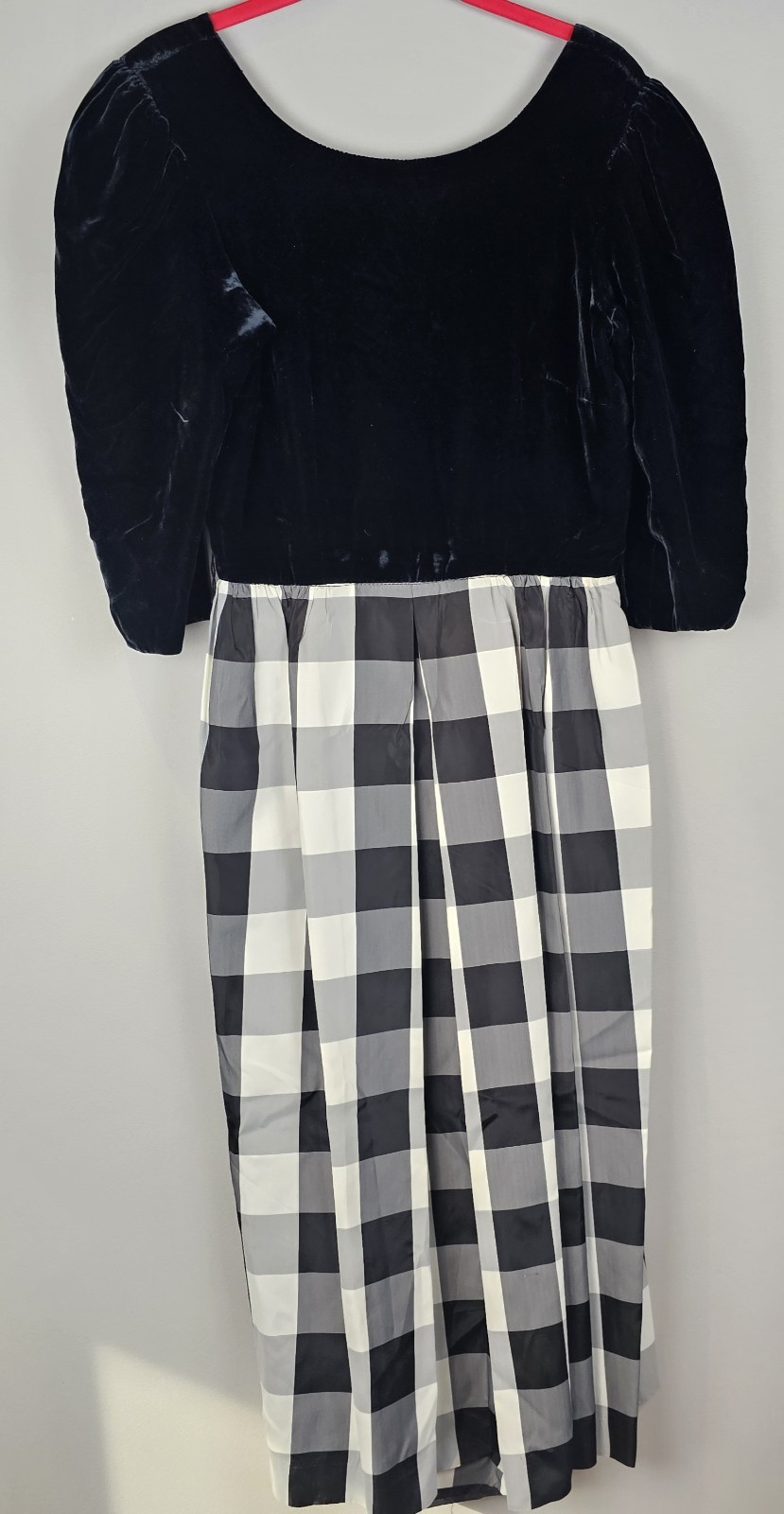 VTG Black Velvet Bodice Buffalo Check Pleated Skirt Dress Sz S Midi USA Formal