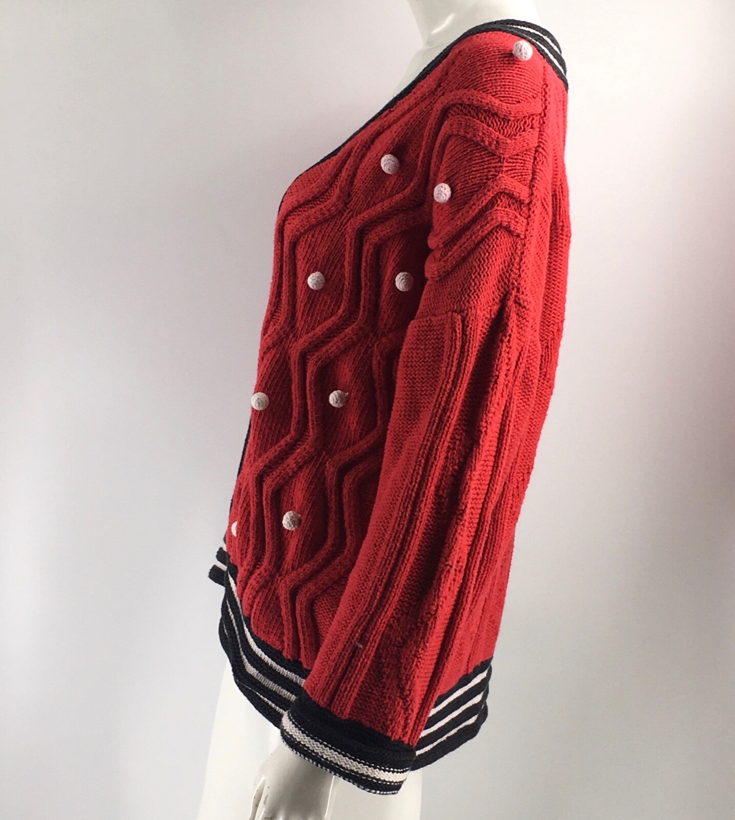 VTG 90s Anne Klein Sweater Sz Large Red White Black Pom Pom Oversize Cable Knit