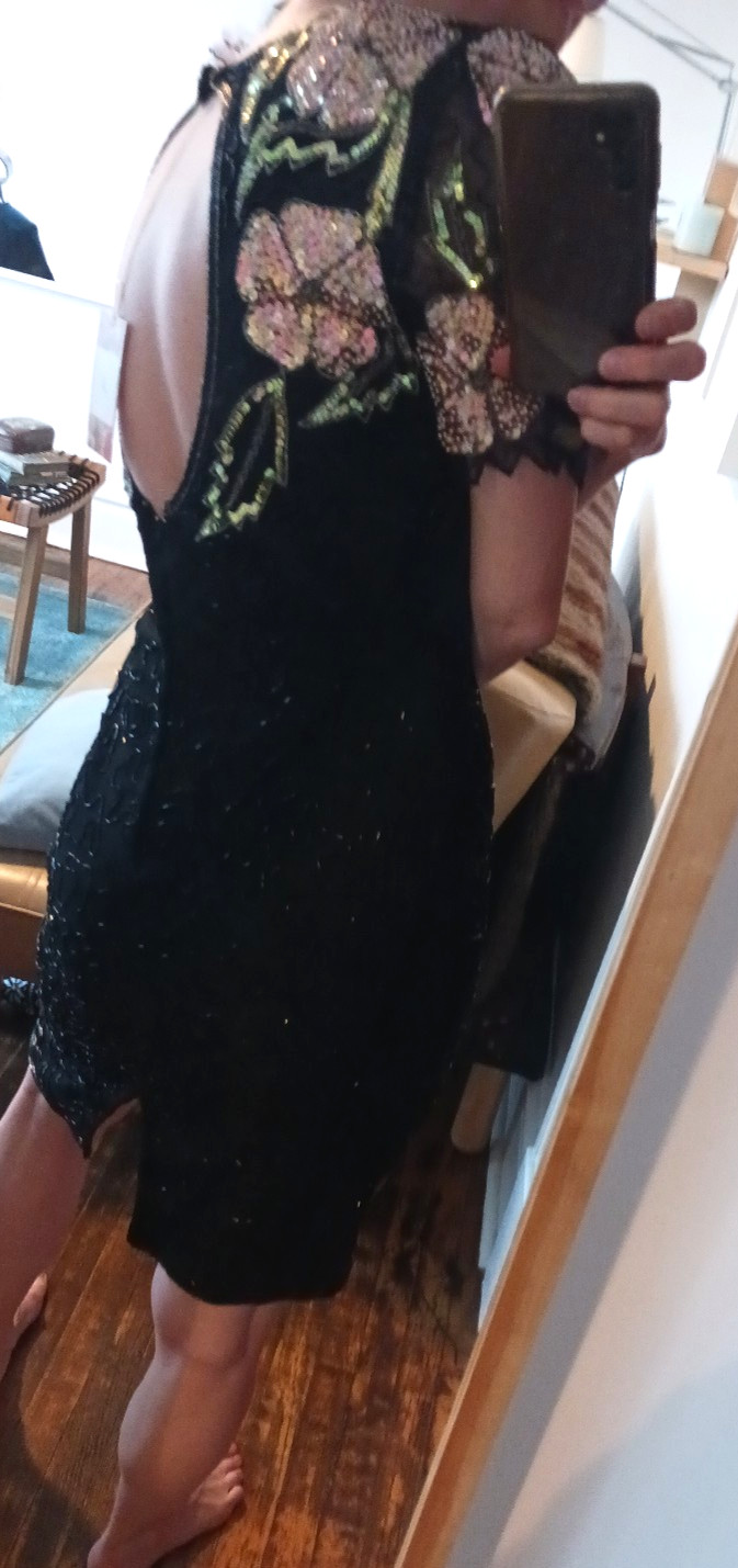 Vintage Black Floral Beaded and Sequin Midi Dress by Scala, Small