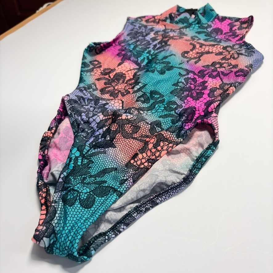 Gilda Marx Flexatard Vintage 80s Floral Lace Print Mock Neck Leotard Sz S USA