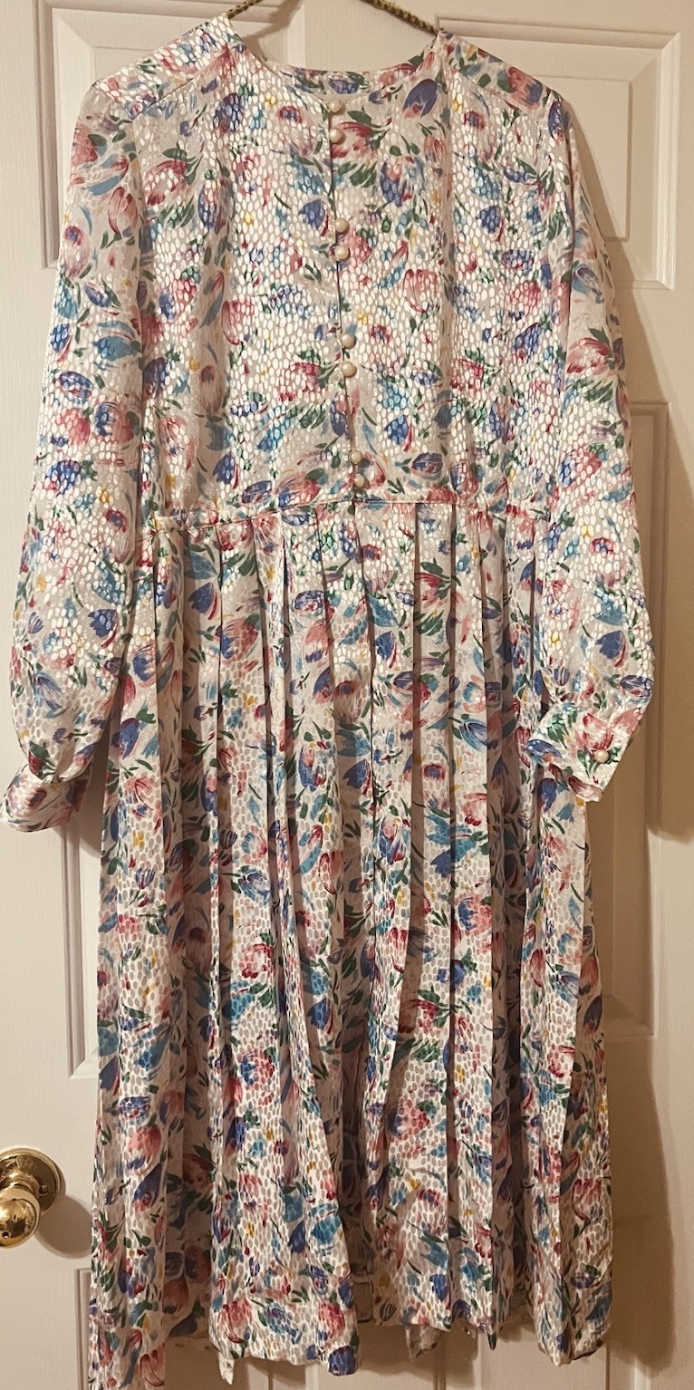 Vintage 80s Schrader Petite Floral Midi Pleated Dress Watercolor Mesh Plissé S M