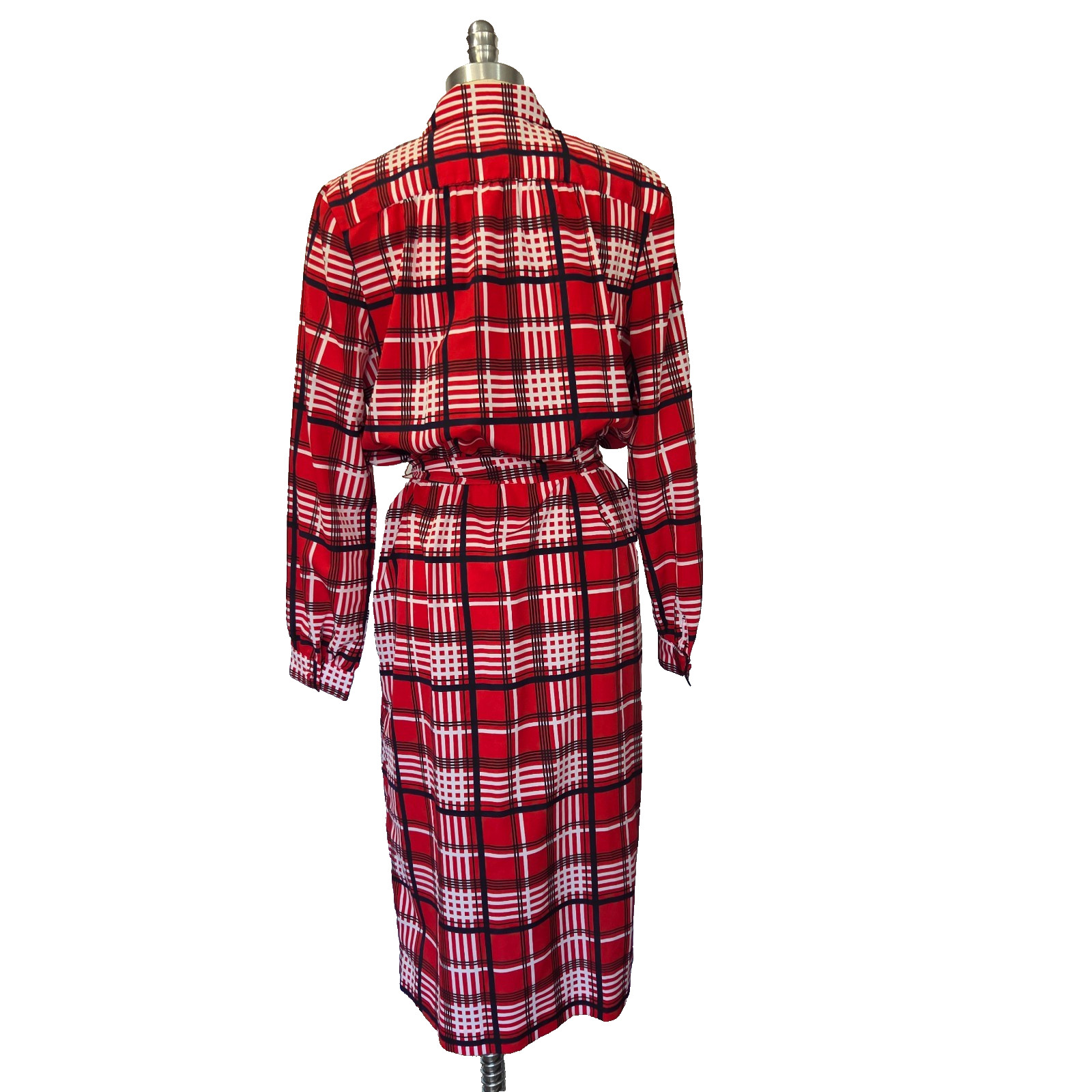 Vintage 70s Red Plaid Midi Shirt Dress Size L Tie Waist Long Sleeve Tartan