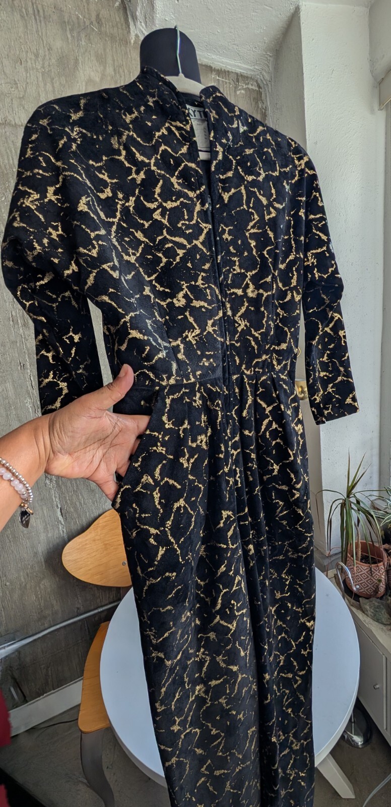 Vintage Vicky Tiel Black and Metallic Gold Suede Long Sleeve Jumpsuit France-XS