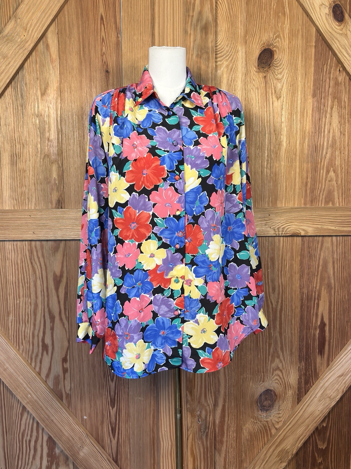Vintage 80s Maximalist Floral Blouse Bright Retro Flower Button Up Whimsigoth