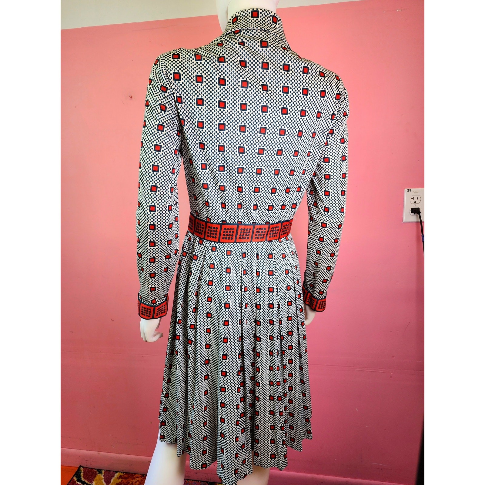 Vintage 1970’s Green and Red Checkered Dot Patterned Pleated Shirt Dress