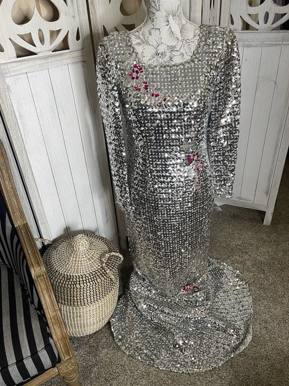 Vintage 60’s 70s Silver Sequin Mermaid Gown Dress Metallic Floral Glam Hollywood