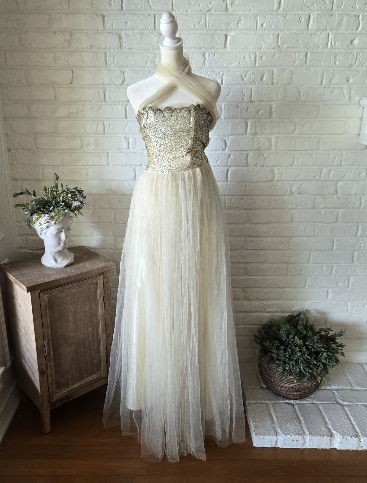 Vtg 1950s Ivory Tulle & Satin Embellished Gown, Party Dress, Wedding, XS/2