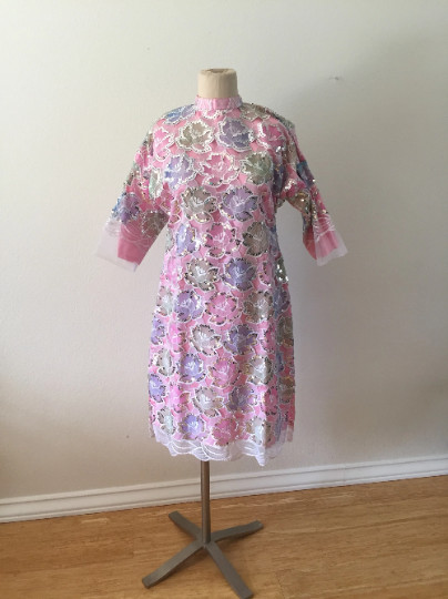 Vintage Sequin Floral Lace Applique Pastel Dress