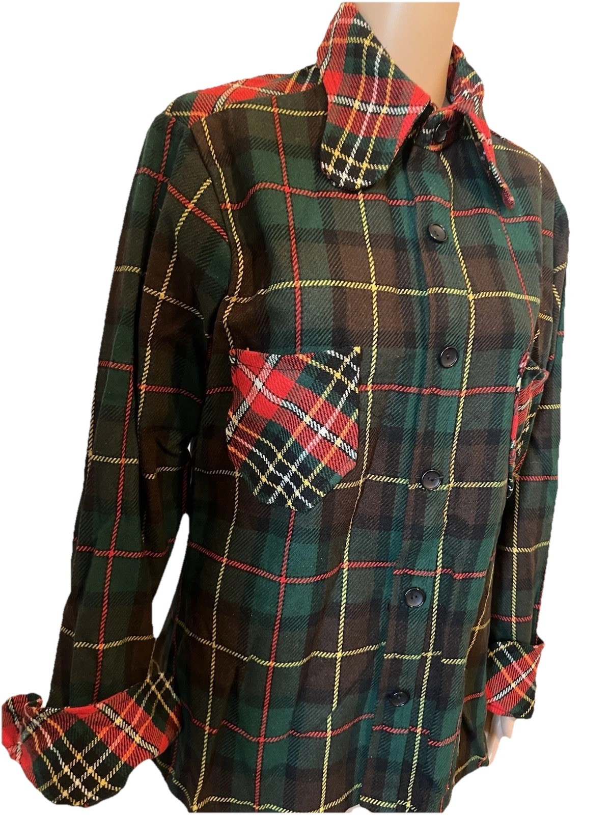Vintage 1970s Green/Red Tartan Plaid Wool Blouse Women’s L Wide Collar Pockets