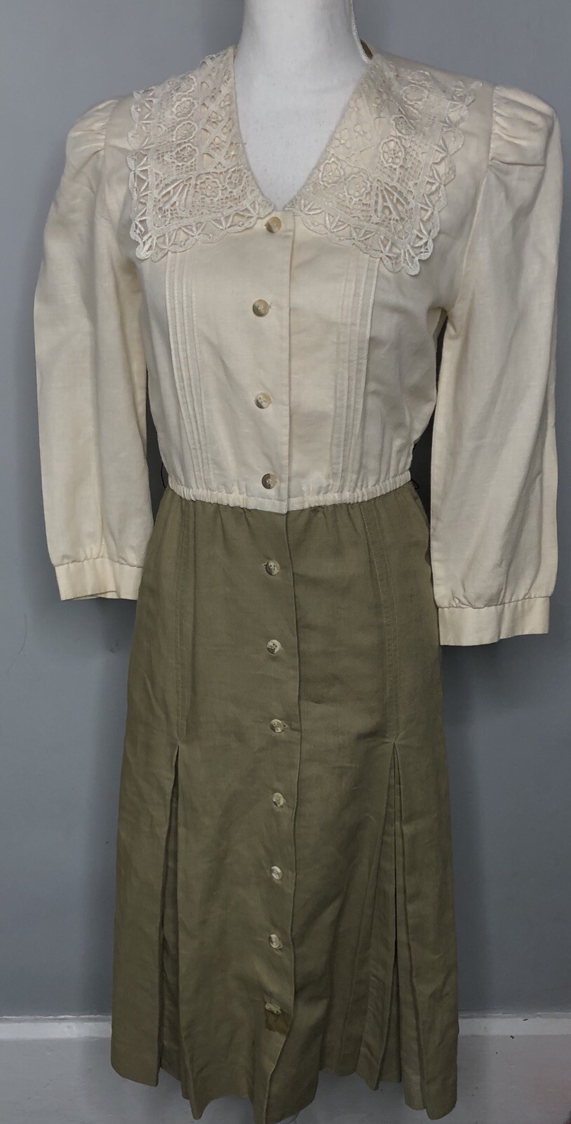 Vintage Act 1 Womens 3 4 Modest Dress Lace Collar Button Tone Pleated 1980s 90s