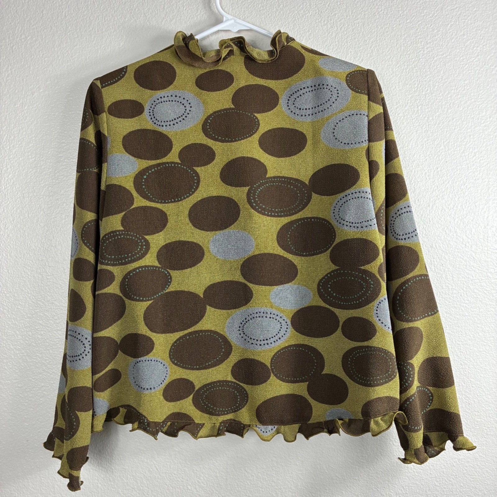 Vintage 80s Hitoshi Tamura Shisendo Ruffled Crepe Blouse Abstract Olive Brown L