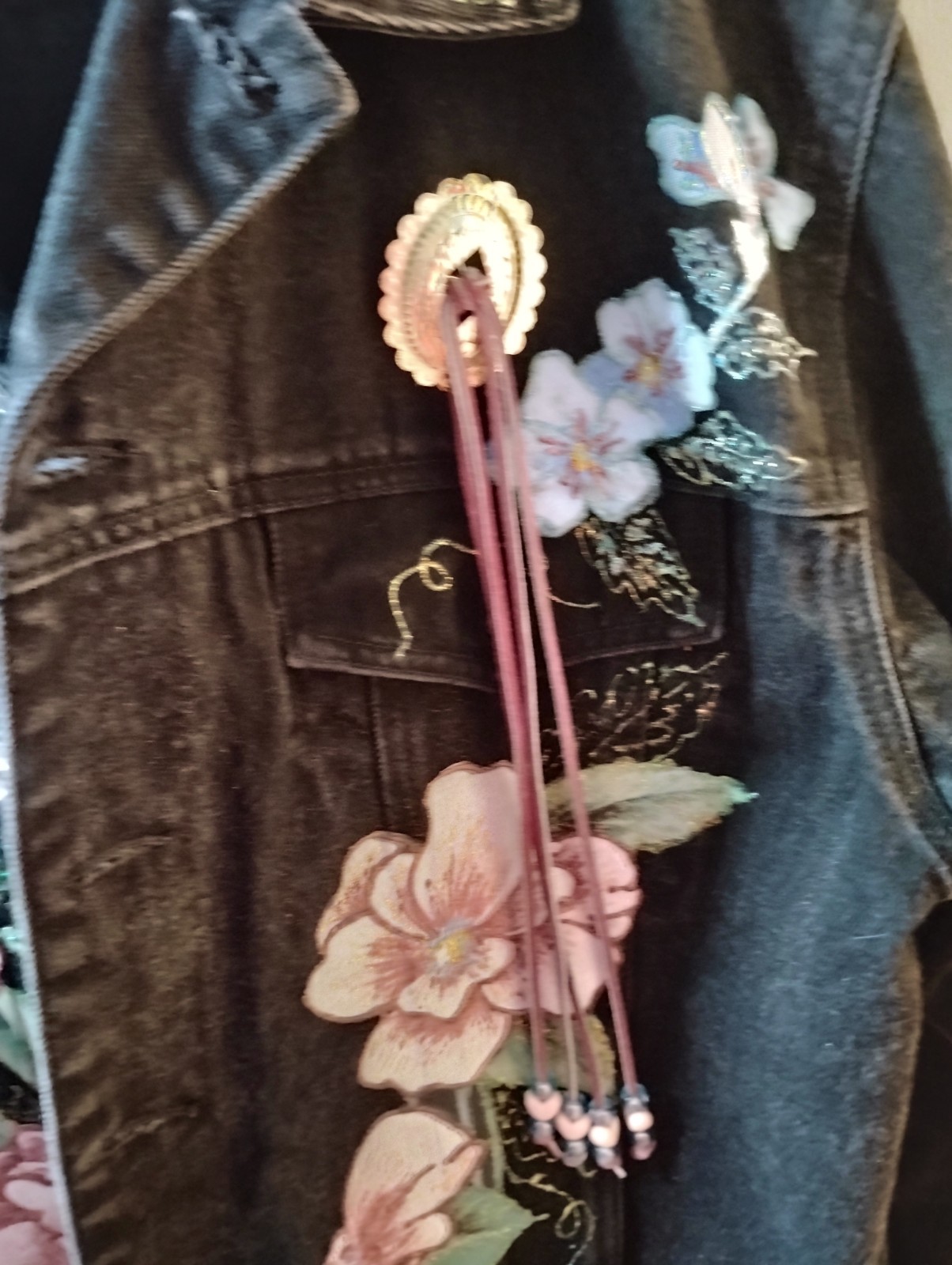 Vintage 80s Todays News Black Denim Jacket Embroidered Floral Rhinestone Concho