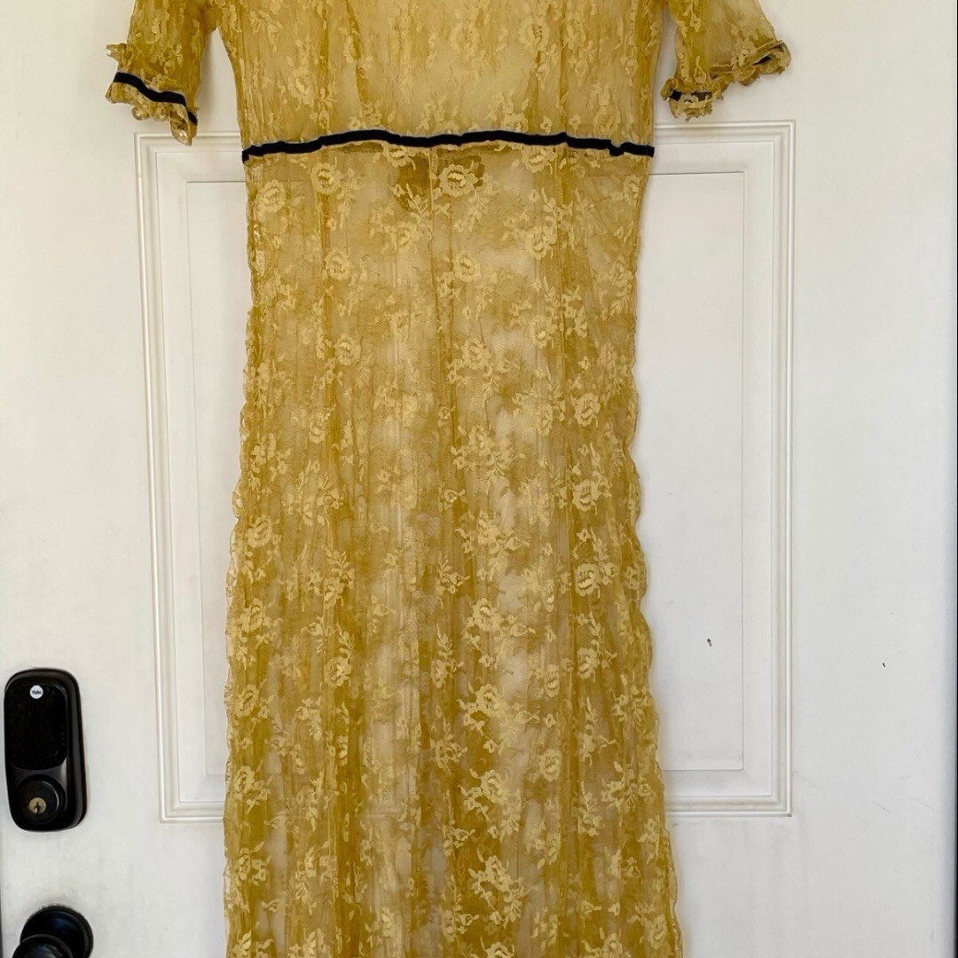 Vintage Sheer Yellow Crinkled Lacy Maxi Dress by Alexander Brown Whimsigoth 1990